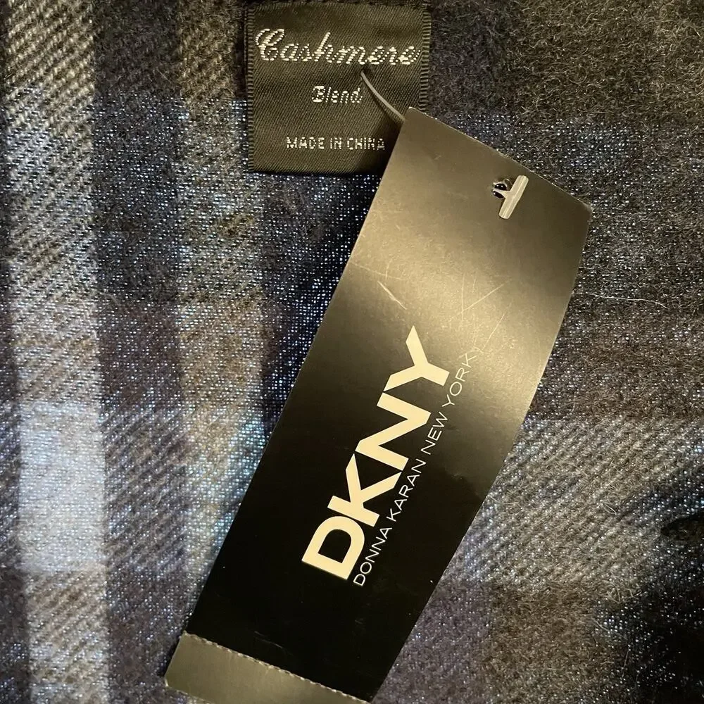DKNY Luxury Blue/Gray  Plaid Scarf - 90% Wool 10% Cashmere - Made in Italy NWT